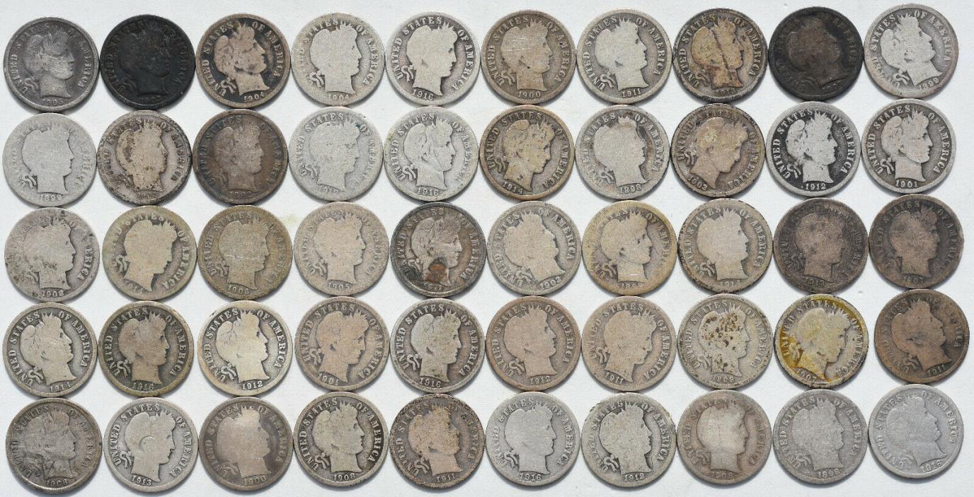 1892-1916 10C Barber Dime 50 Coin Lot Hoard Roll Circulated P O S D