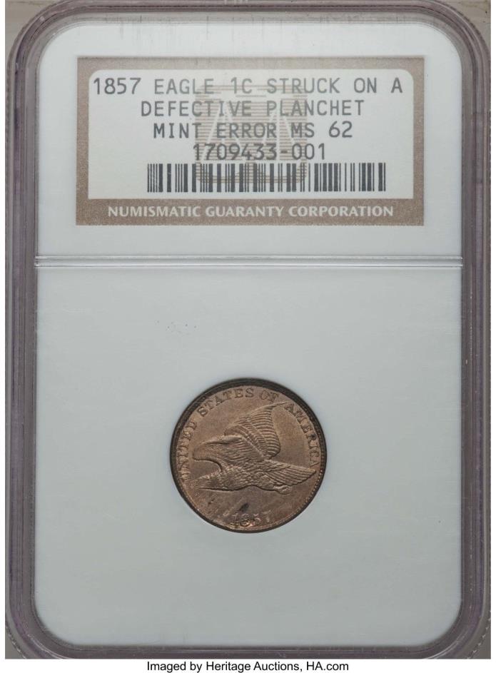 1857 FLYING EAGLE CENT, NGC MS 62, MINT ERROR, Struck on Defective Planchet