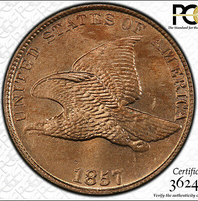 1857 1c PCGS MS-64+ CAC ~ NICE GEM FLYING EAGLE INDIAN CENT