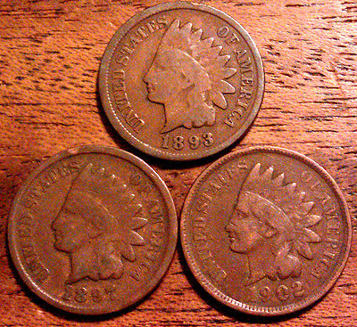 3 INDIAN HEAD PENNY CENT ANTIQUE RARE USA COIN 1893,1897,1902 NO JUNK # 433A