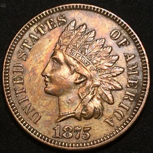 1875 Indian Head Cent Au Awesome Toning ~ Tough Date Full Sharp Liberty