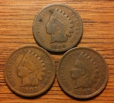 3 INDIAN HEAD PENNY CENT ANTIQUE RARE USA COIN 1890,1902,1903 NO JUNK # 77J