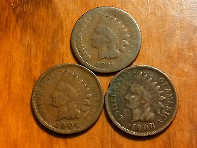 3 INDIAN HEAD PENNY CENT ANTIQUE RARE USA COIN 1881,1904,1906 NO JUNK # 295