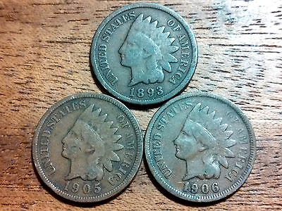 3 INDIAN HEAD PENNY CENT ANTIQUE RARE USA COIN 1893,1905,1906 NO JUNK # 314A