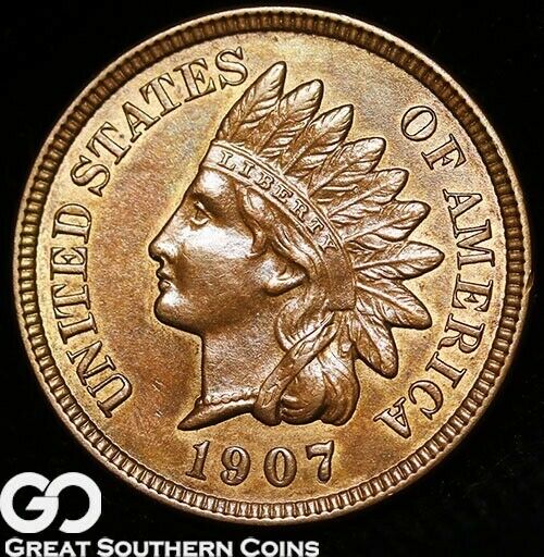 1907 Indian Head Cent Penny, Near Gem BU Red-Brown