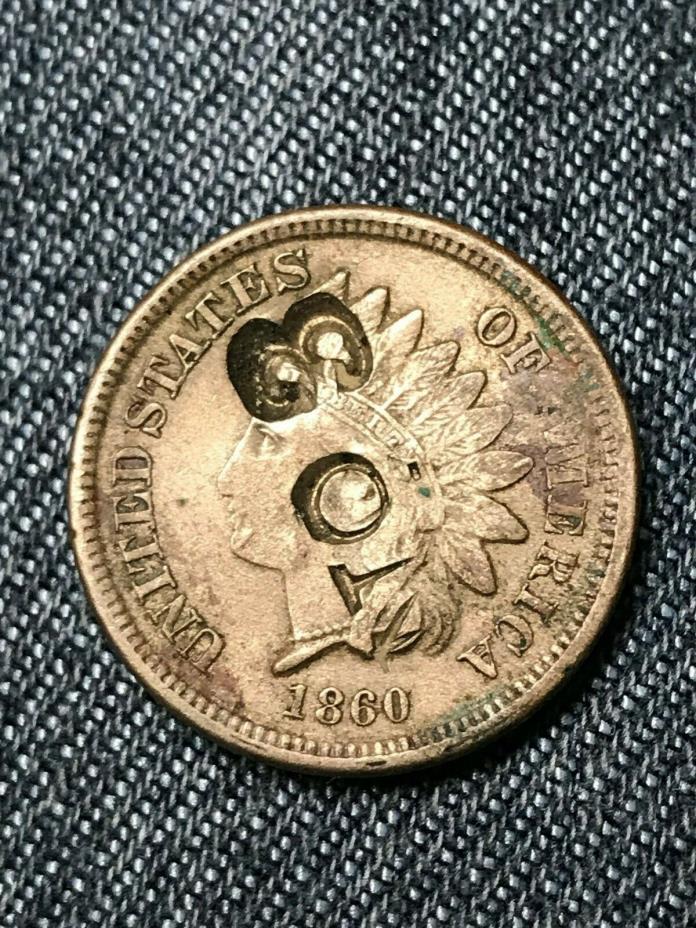 1860 Indian Head Cent XF 1c Copper-Nickel Counterstamp!!! Unique! Lot CC66
