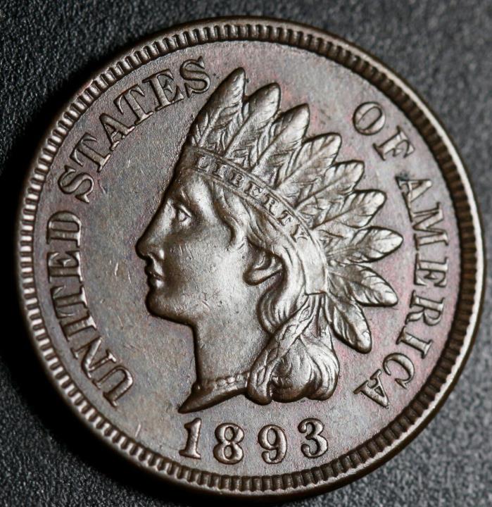 1893 INDIAN HEAD CENT -With LIBERTY & 4 DIAMONDS - AU UNC