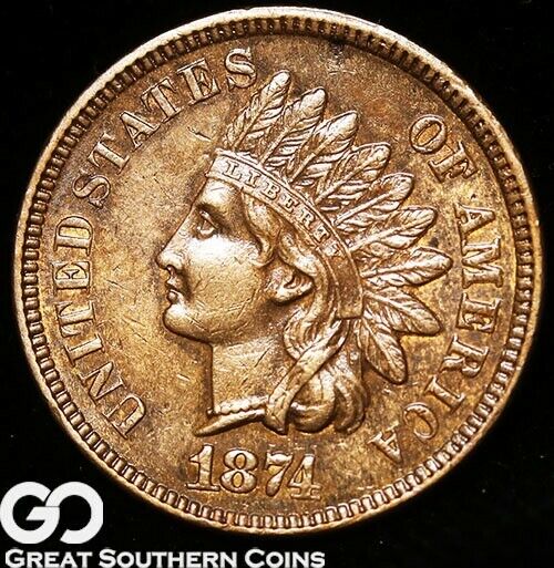 1874 Indian Head Cent Penny, Red Brown, Choice BU++ Better Date