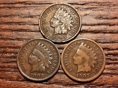 3 INDIAN HEAD PENNY CENT RARE RELIC USA COIN 1895,1903,1907 NO JUNK # 662