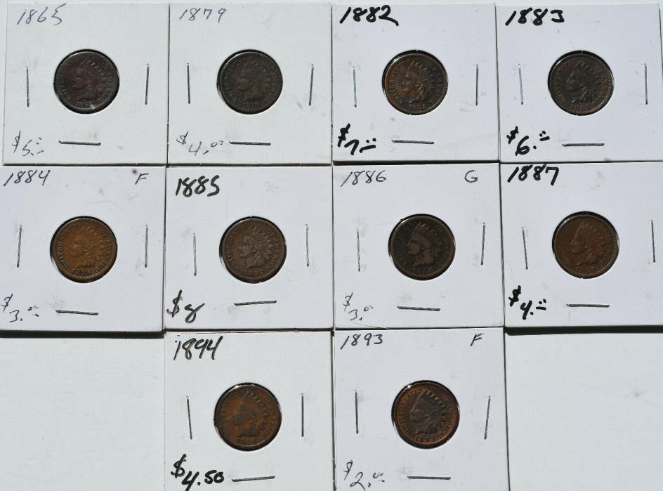 1865-1894 1C Indian Head Cent 10 Coin Lot Collection Circulated
