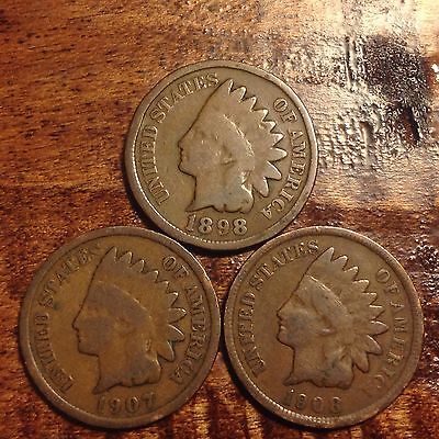 3 INDIAN HEAD PENNY CENT ANTIQUE RARE USA COIN 1898,1907,1908 NO JUNK #909C