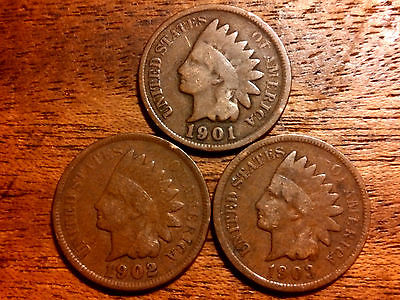 3 INDIAN HEAD PENNY US  CENT ANTIQUE RARE USA COIN 1901,1902,1903 NO JUNK #340A