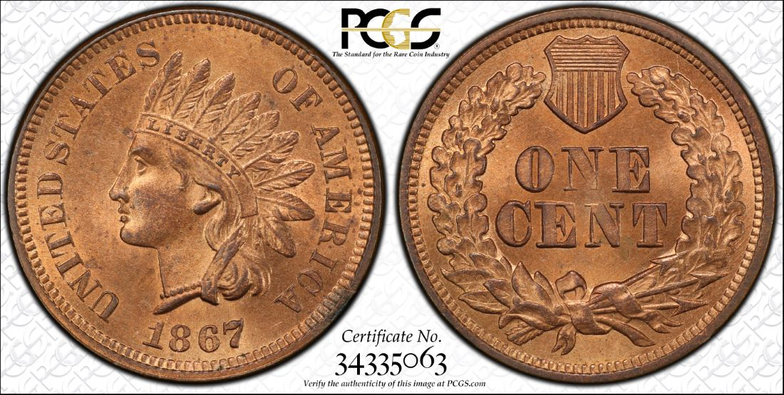 PCGS MS65RD 1867 INDIAN HEAD CENT TOUGH DATE FULL RED GEM 1C POP 31 ONLY 6 FINER