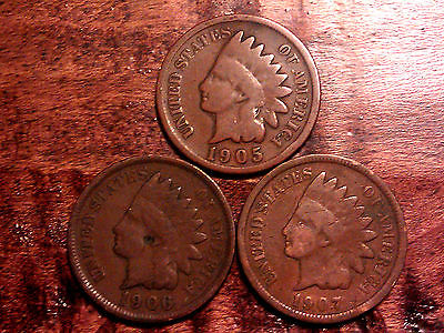 3 INDIAN HEAD PENNY CENT ANTIQUE RARE RELIC US COIN 1905,1906,1907 NO JUNK #515A