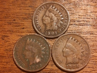 3 INDIAN HEAD PENNY CENT ANTIQUE RARE USA COIN 1901,1902,1904 NO JUNK #330A