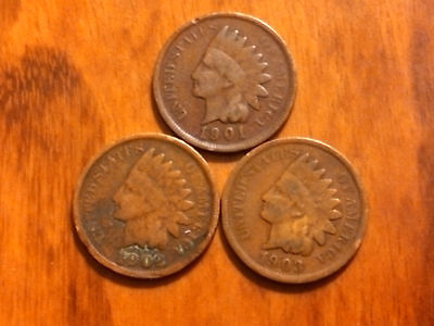 3 INDIAN HEAD PENNY CENT ANTIQUE RARE RELIC USA COIN 1901,1902,1903 NO JUNK #44F