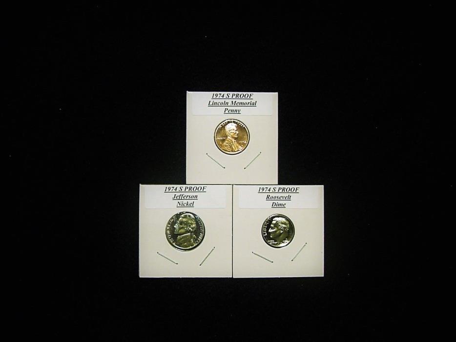 Three Proof Coins 1- 1974 S Cent, 1974 S Nickel & 1 1974 S Dime