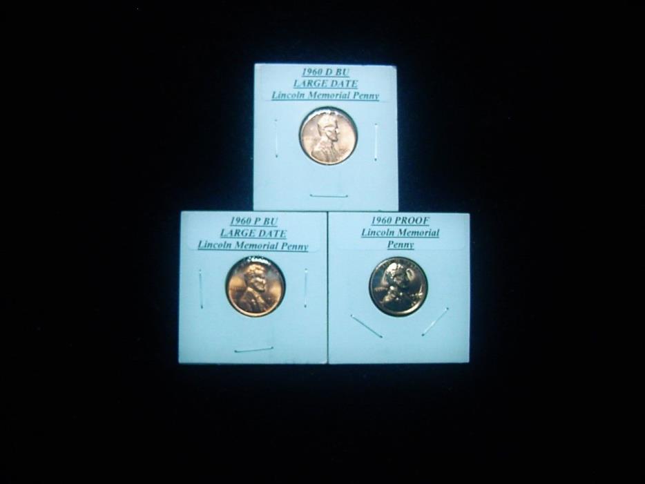 3 COIN SET: ONE-1960 D BU, ONE-1960 P BU & ONE-1960 PROOF LINCOLN MEMORIAL CENTS