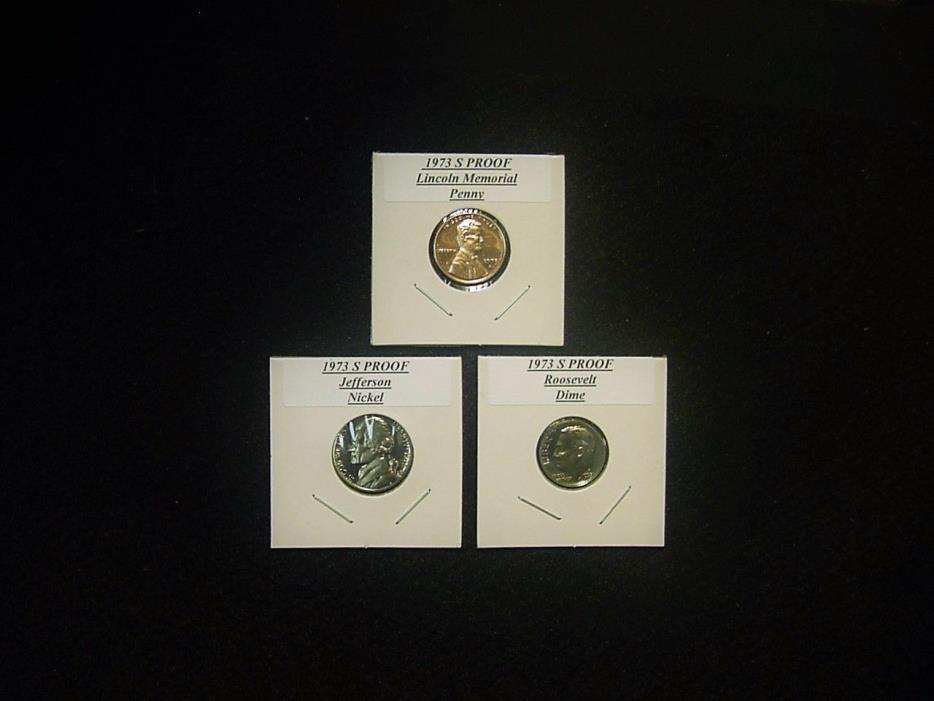 Three Proof Coins 1- 1973 S Cent, 1973 S Nickel & 1 1973 S Dime