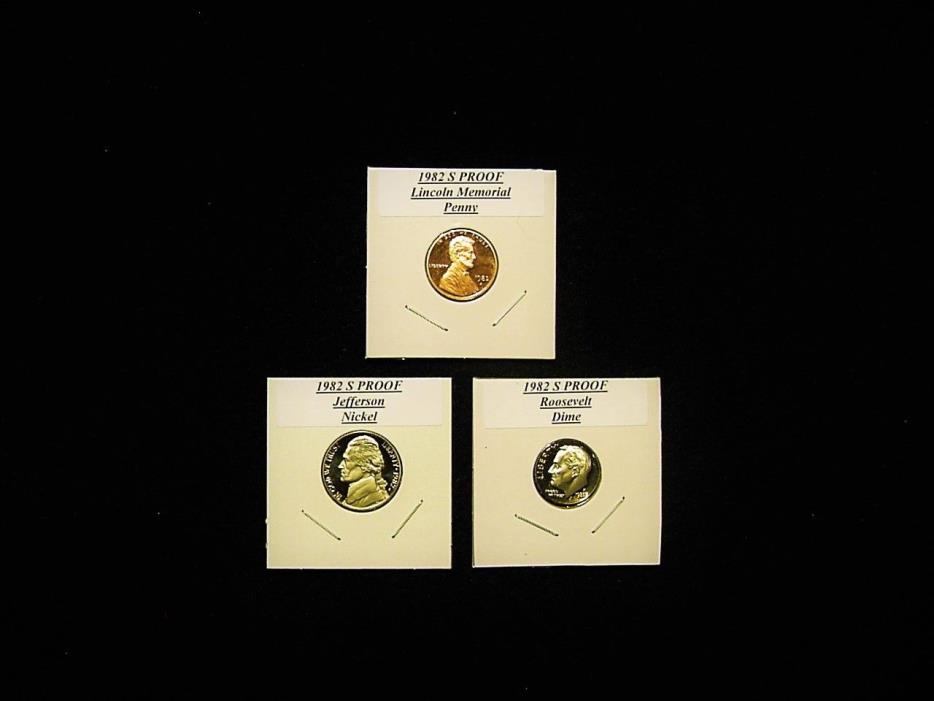 Three Proof Coins 1- 1982 S Cent, 1982 S Nickel & 1 1982 S Dime