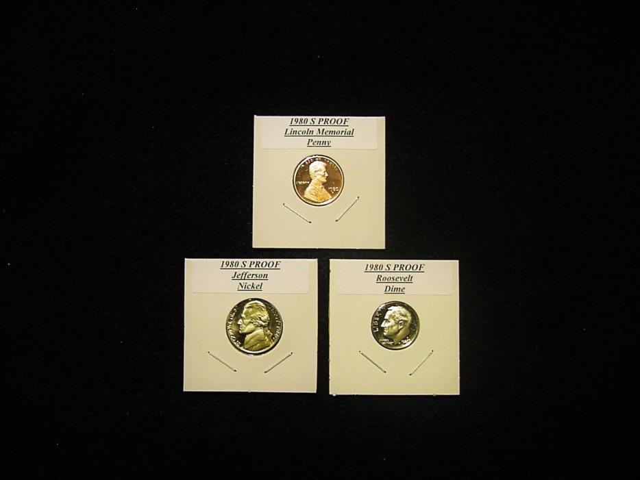 Three Proof Coins 1- 1980 S Cent, 1980 S Nickel & 1 1980 S Dime