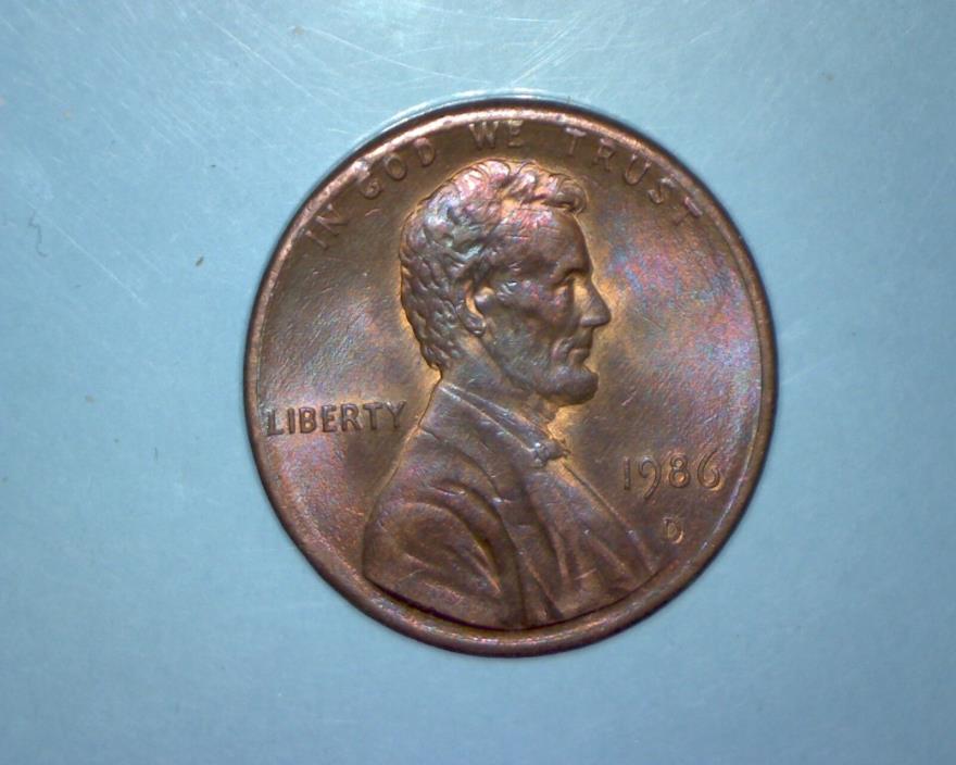 1986 D Lincoln Memorial Penny - One Cent - Rainbow Toning
