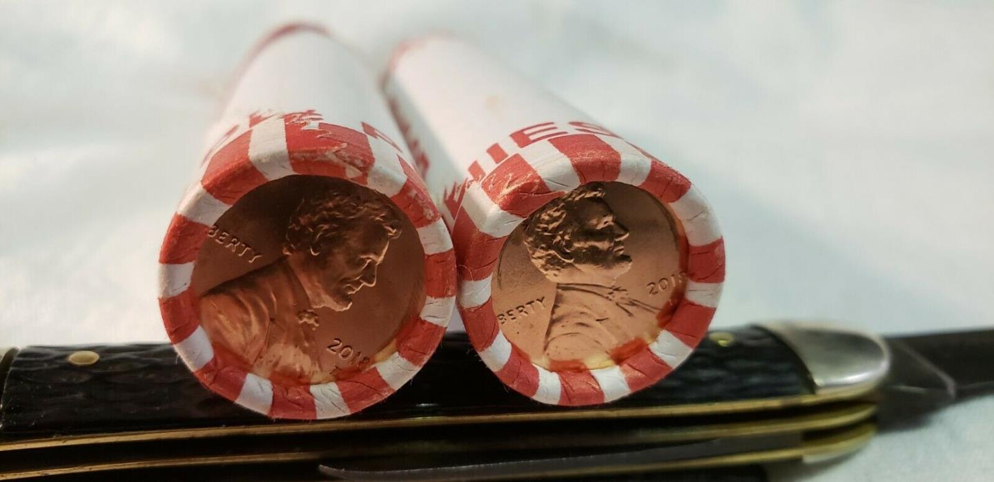 2018 D Lincoln Shield Pennies, 2 BU Heads / Tails Loomis Rolls  Sealed 50 coins