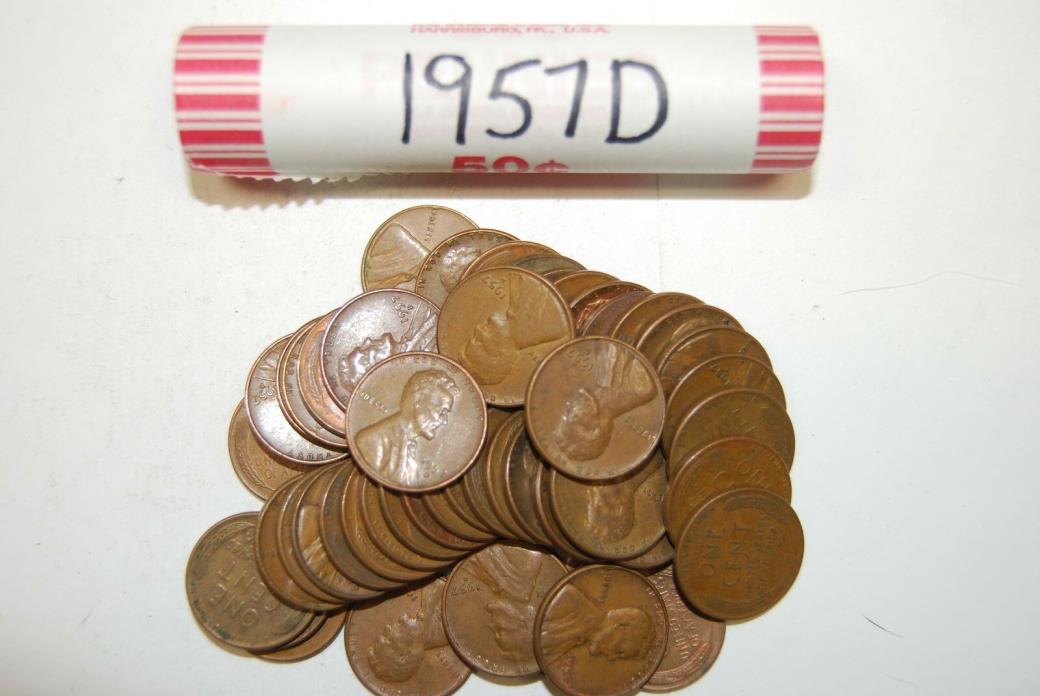 One Roll 1957-D Mint Lincoln Wheat Pennies Old Vintage Antique Collectable Coins
