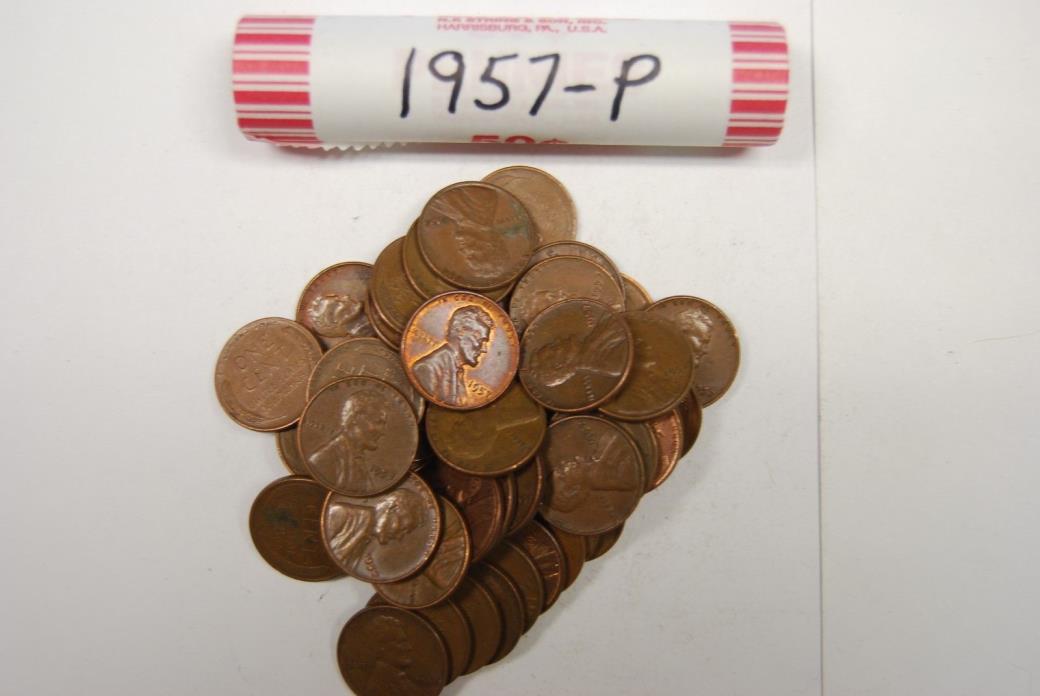 One Roll 1957-P Mint Lincoln Wheat Pennies Old Vintage Antique Collectable Coins
