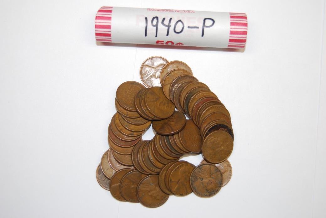 One Roll 1940-P Mint Lincoln Wheat Pennies Old Vintage Antique collectable Coins