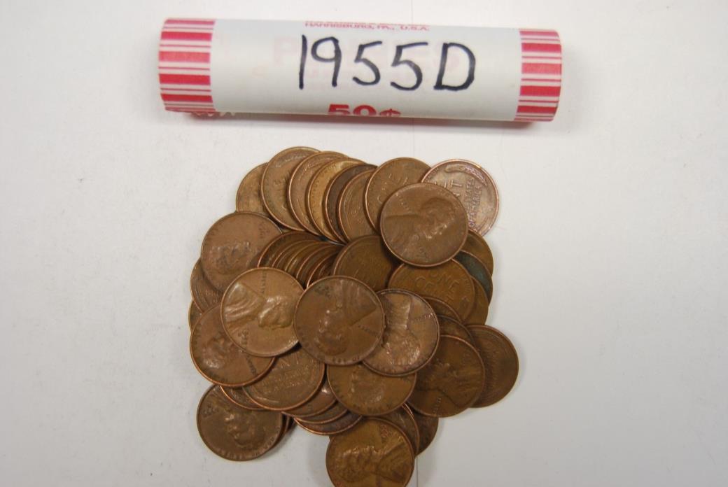 One Roll 1955-D Mint Lincoln Wheat Pennies Old Vintage Antique Collectable Coins