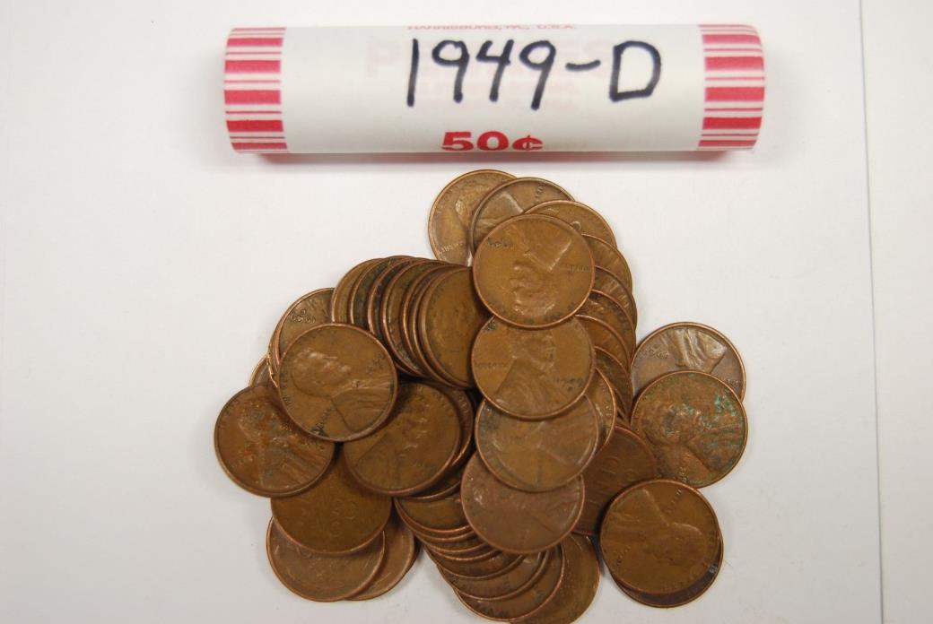 One Roll 1949-D Mint Lincoln Wheat Pennies Old Vintage Antique Collectable Coins