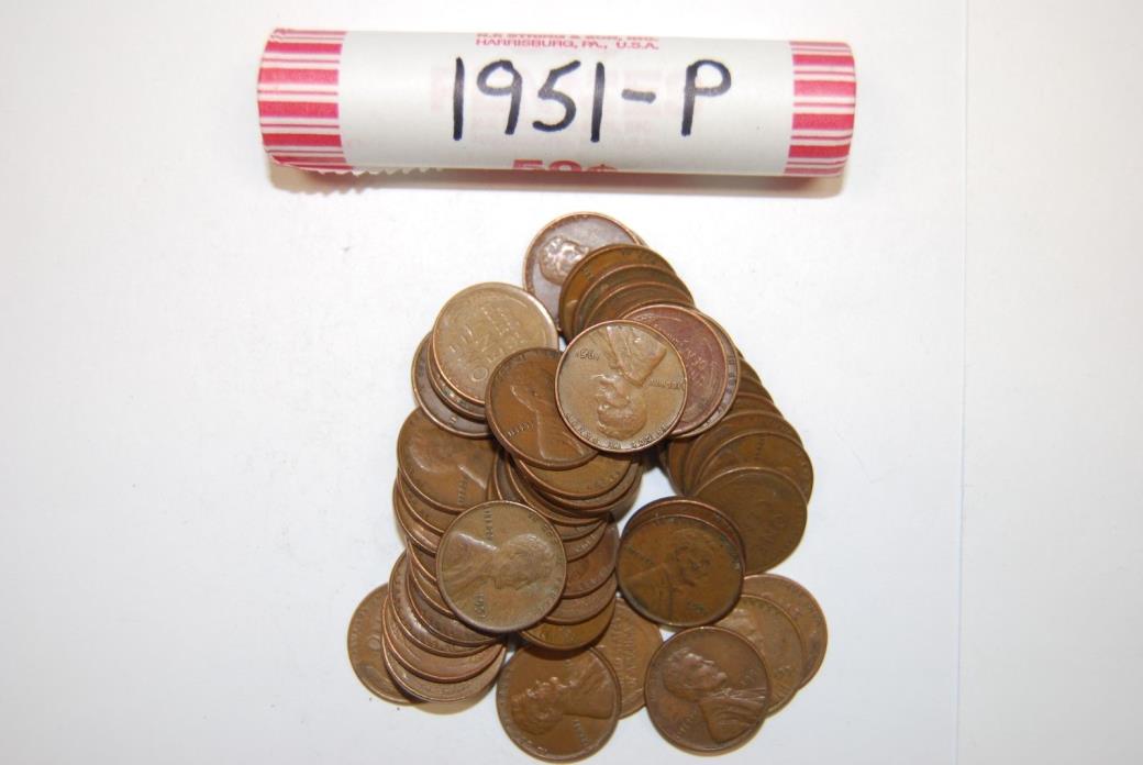 One Roll 1951-P Mint Lincoln Wheat Pennies Old Vintage Antique Collectable Coins