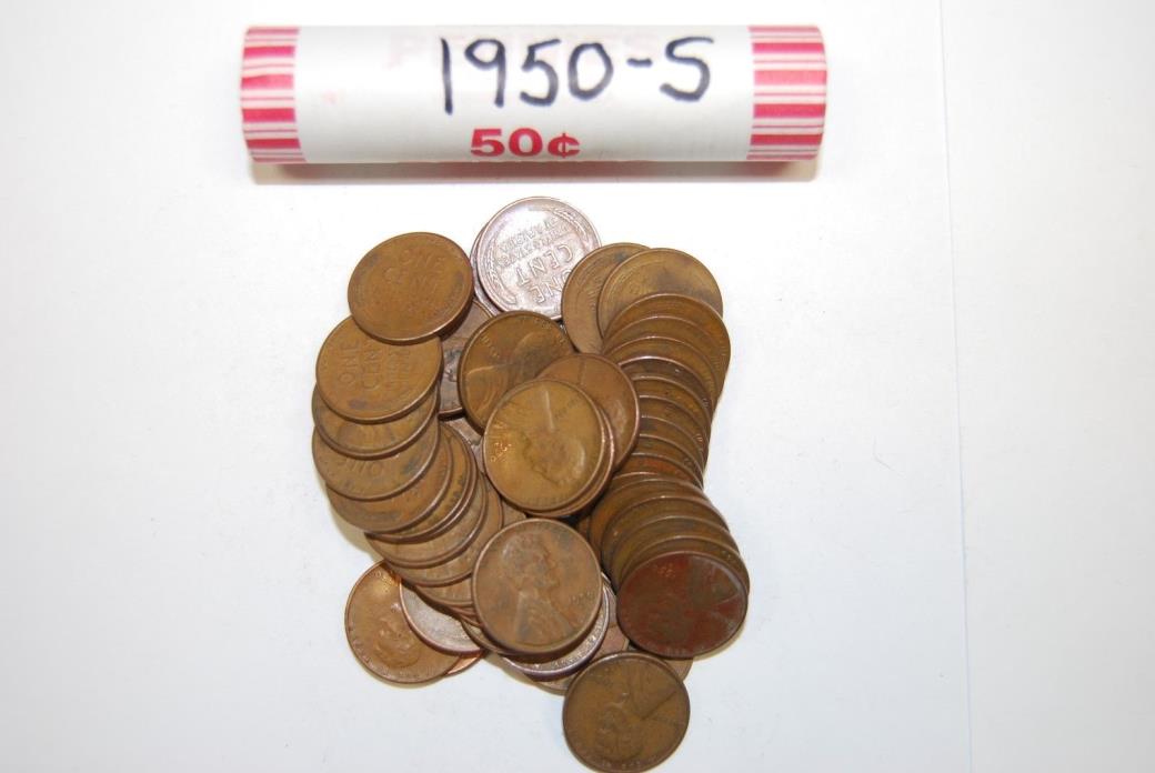 One Roll 1950-S Mint Lincoln Wheat Pennies Old Vintage Antique Collectable Coins
