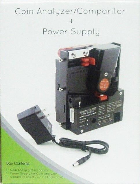 1 COIN ANALYZE & POWER SUPPLY WITH HOLDER AND 2 CONTAINERS & 25 ROLLS OF PENNIES
