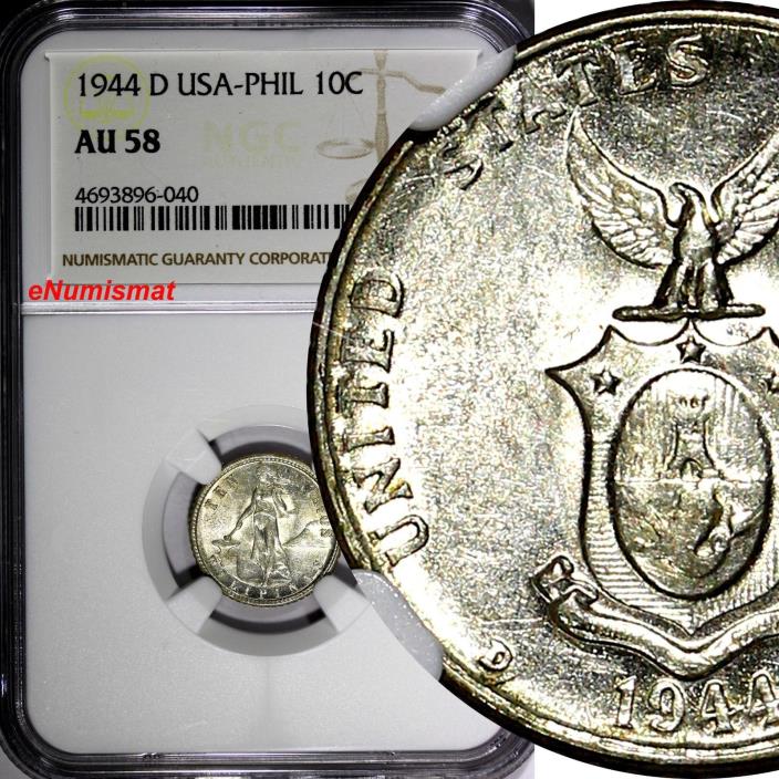Philippines U.S. Administration Silver 1944 D 10 Centavos NGC AU58 KM# 181