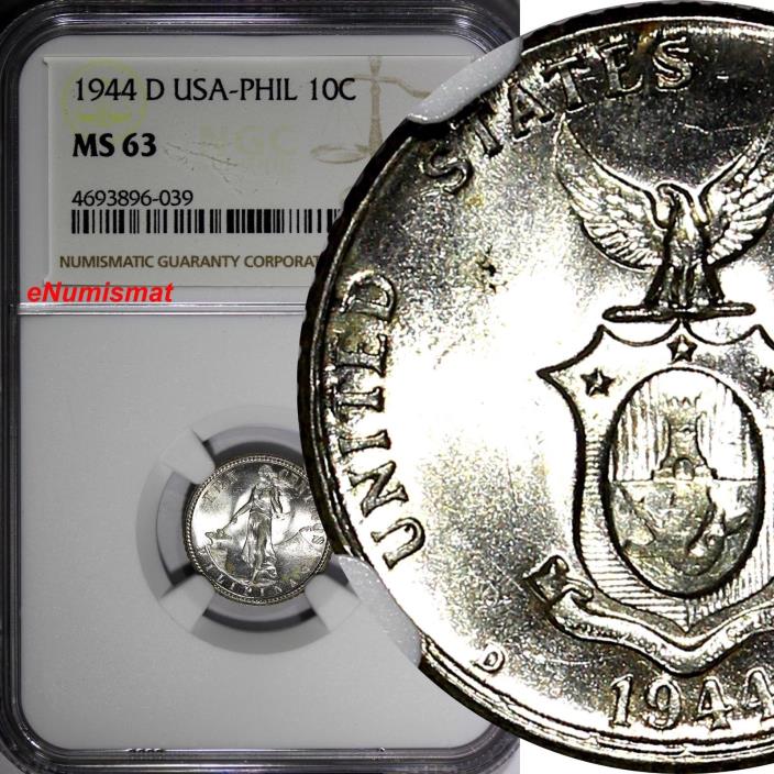 Philippines U.S. Administration Silver 1944 D 10 Centavos NGC MS63 KM#181