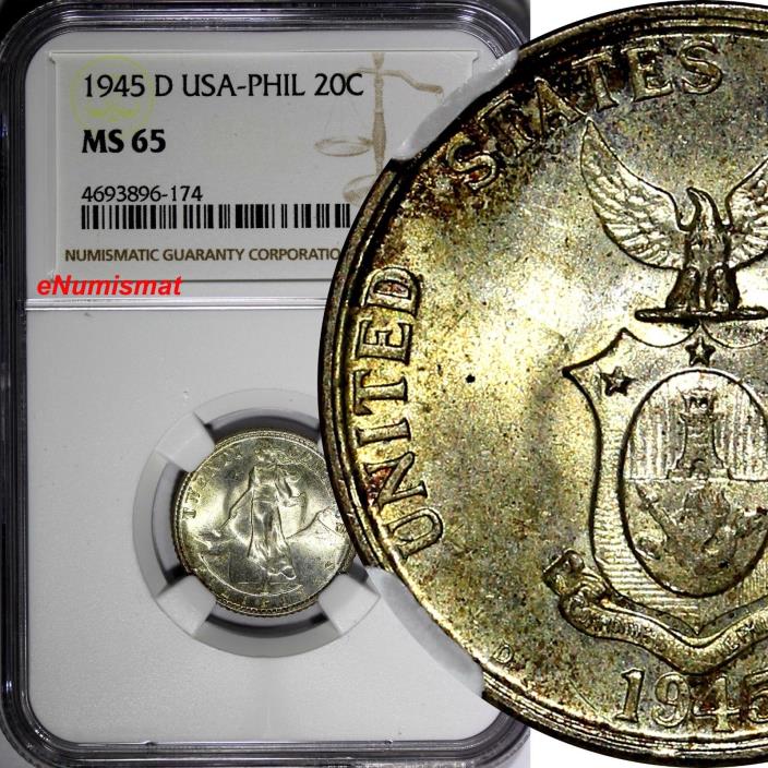 Philippines U.S. Administration Silver 1945 D 20 Centavos NGC MS65 KM#182