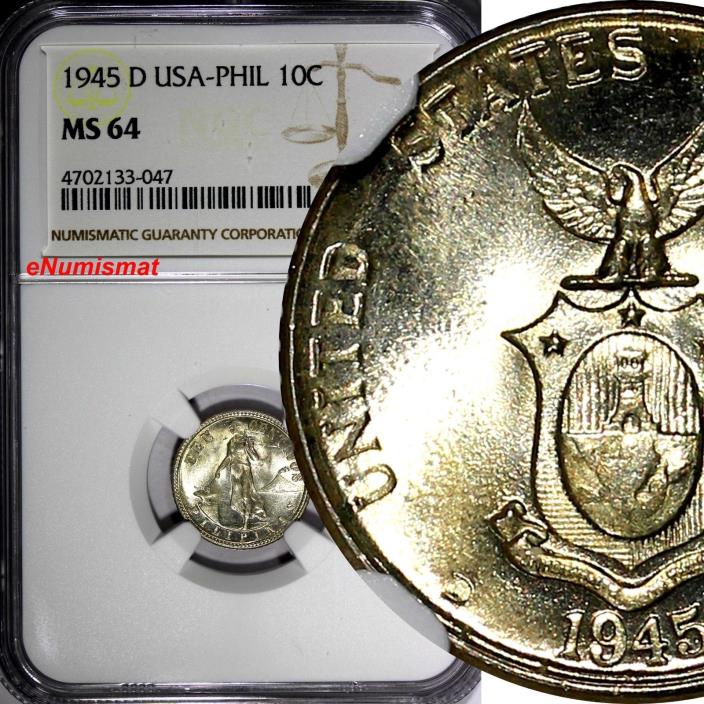 Philippines U.S. Administration Silver 1945 D 10 Centavos NGC MS64 KM#181