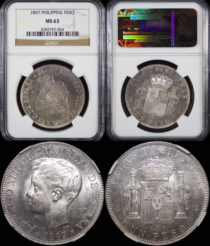 1897 SGV Spanish Philippines Peso ~ NGC MS63 ~ 90% Silver ~ KM#154 ~ Tough Grade