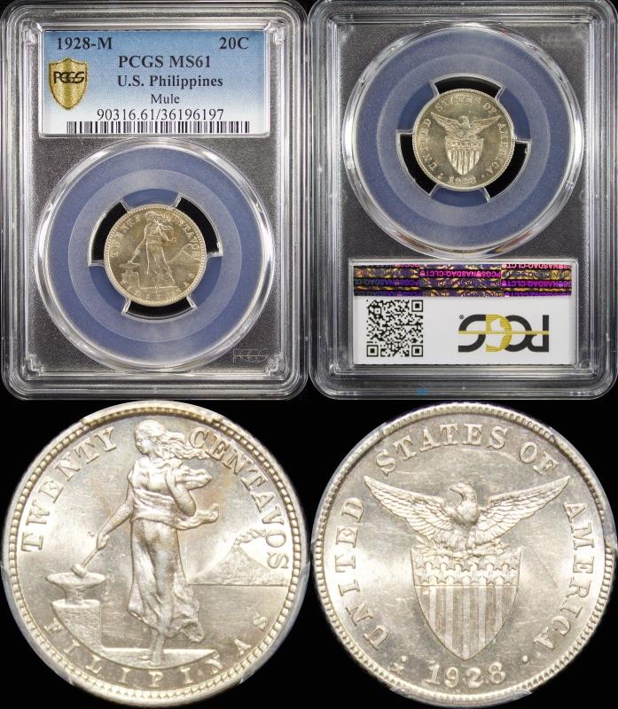 1928-M US/Philippines 20 Centavos MULE ~ PCGS MS61 ~ 75% Silver ~ Allen#11.18