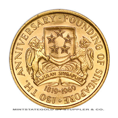 Singapore 1969 Gold $150 Commemorative BU 150th Anniversary of Founding .7328...