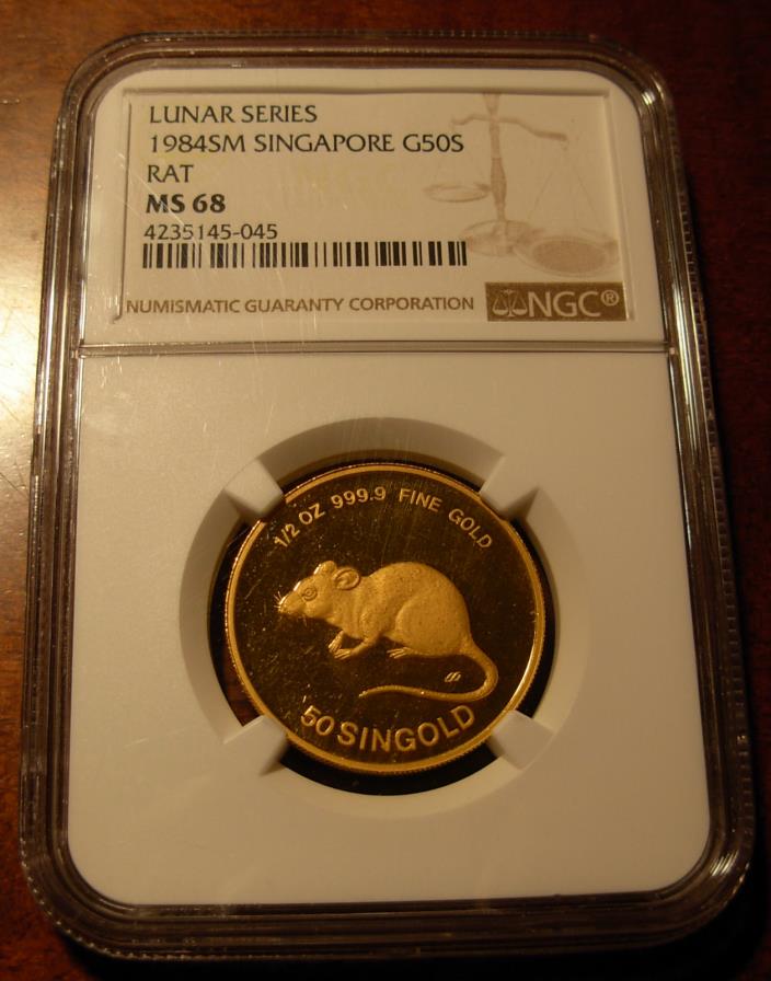 Singapore 1984 Gold 1/2 oz 50 Singold NGC MS68 Rat