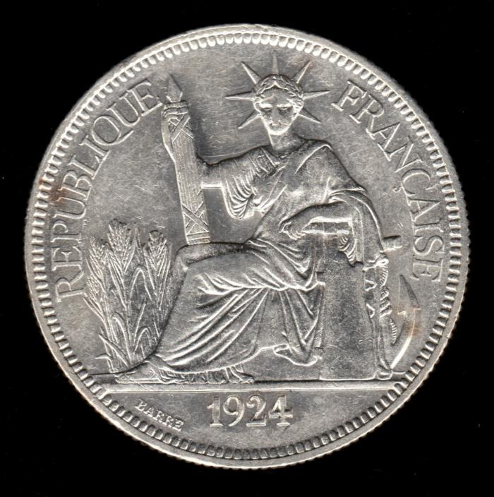 French Indo China Vietnam 1924 A 1 Piastre EF XF dipped Lg Silver Crown coin Ind