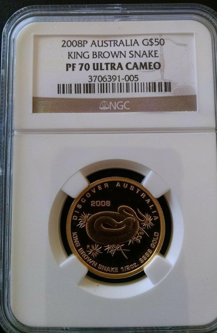 2008P Australia GOLD $50 King Brown Snake PRF70 Ultra Cameo Discover Au Series