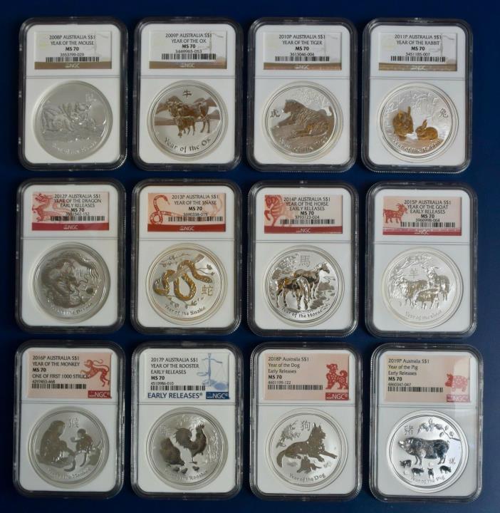 2008-19 Australia $1 Lunar Series II 1 oz. Silver 12 Coin Set NGC MS70 FREE S/H