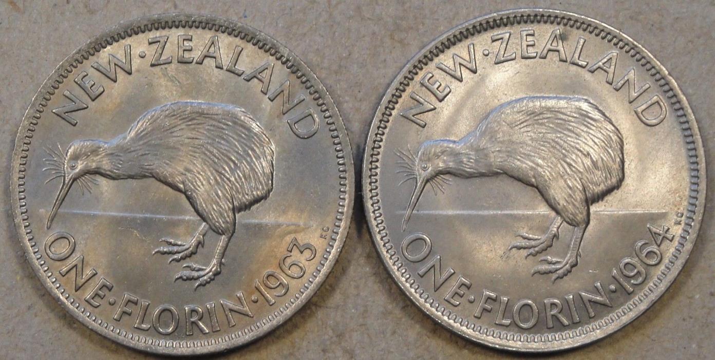 New Zealand Florin's 1963 + 64 Unc-BU As Pictured
