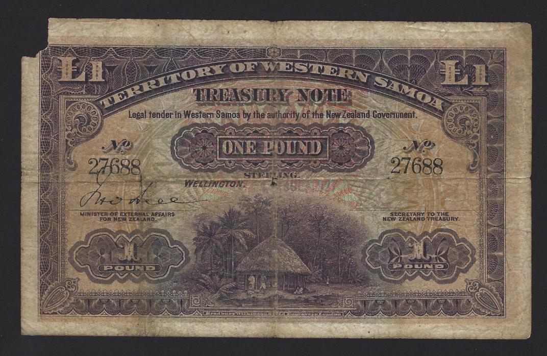1927 Western Samoa 1 Pound, Unlisted Date, Very Rare, Only 1,000-1,500 Printed