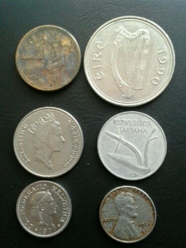 6 World Coins: Ireland 1933 Brazil Great Britain Switzerland 1955 Italy 1943 US