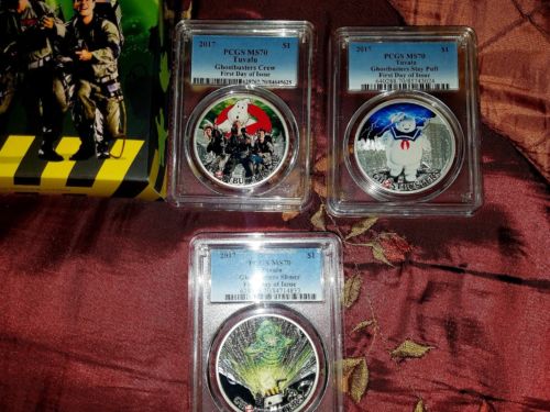 2017 $1 Tuvalu 3 Coin Set Ghostbusters Stay Puft Slimer & Crew PCGS MS70 Box&COA